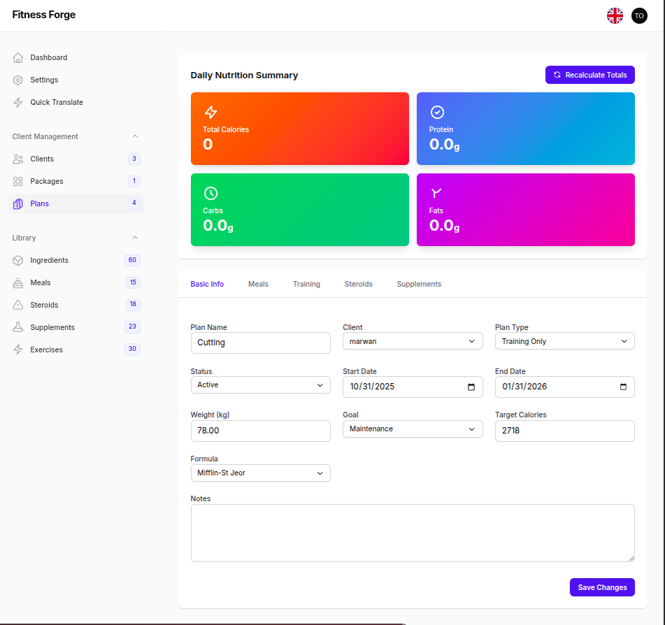 Fitness Forge Plan Builder - Meal Planning, Training Programs